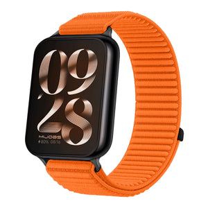 Wave Nylon Strap, orange, on a watch, 3/4 front view