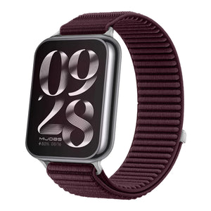 Wave Nylon Strap, plum, on a watch, 3/4 front view