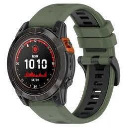 Silicone Buckled Sport Strap, olive green/black, on a watch, 3/4 front view