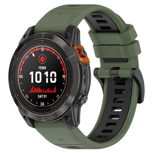 Silicone Buckled Sport Strap, olive green/black, on a watch, 3/4 front view