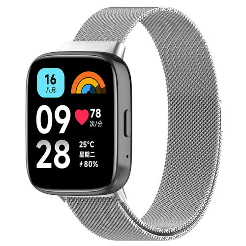 Milanese Strap, silver, on a watch, 3/4 front view