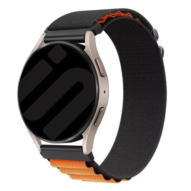 Alpine Nylon Strap, black/orange, on a watch, 3/4 front view