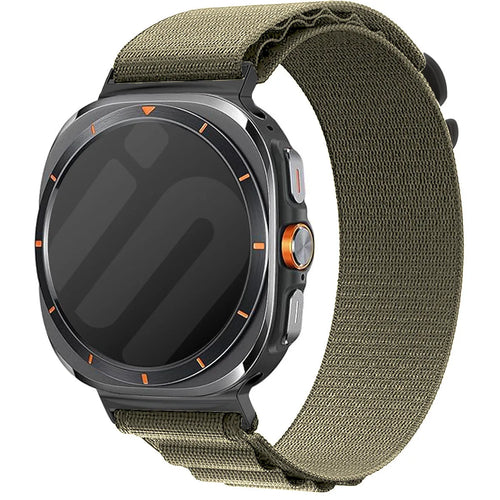 Alpine Nylon Strap, olive, on a watch, 3/4 front view
