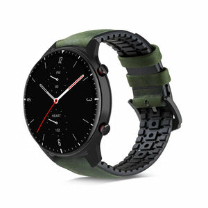 Leather Hybrid Strap, black/green, on a watch, 3/4 front view