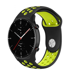 Silicone Sport Strap, black/yellow, on a watch, 3/4 front view