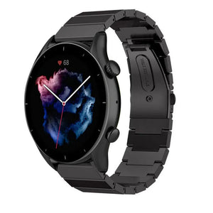Premium Metal Strap, black, on a watch, 3/4 front view