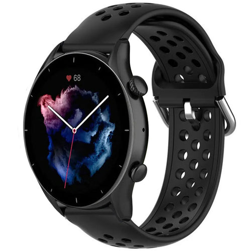Breathable Silicone Strap, black, on a watch, 3/4 front view