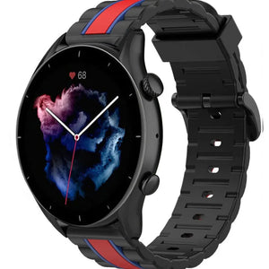 Silicone Special Edition Strap, black/red, on a watch, 3/4 front view