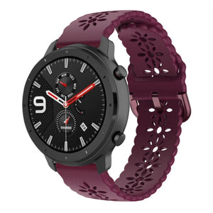 Patterned Silicone Strap, burgundy, on a watch, 3/4 front view