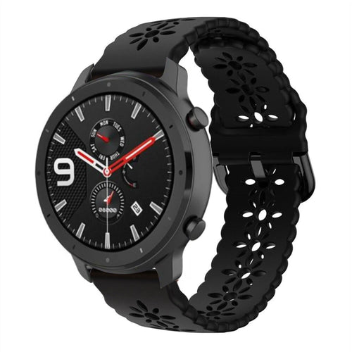 Patterned Silicone Strap, black, on a watch, 3/4 front view