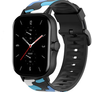 Silicone Camo Strap, blue, on a watch, 3/4 front view