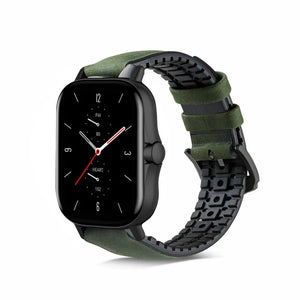 Leather Hybrid Strap, green, on a watch, 3/4 front view