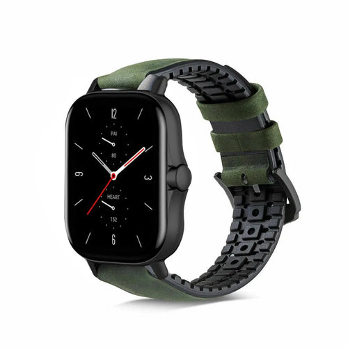 Leather Hybrid Strap, green, on a watch, 3/4 front view