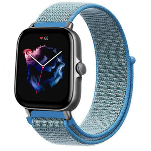Nylon Strap, blue, on a watch, 3/4 front view