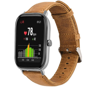 Leather Strap, brown, on a watch, 3/4 front view