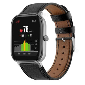 Modern Leather Strap, black, on a watch, 3/4 front view