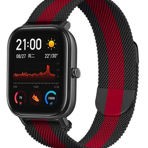 Milanese Strap, black/red, on a watch, 3/4 front view