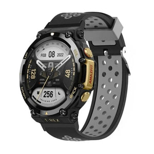 Silicone Sport Strap, black/grey, on a watch, 3/4 front view