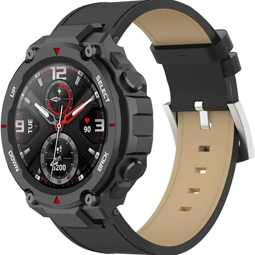 Leather Strap, black, on a watch, 3/4 front view