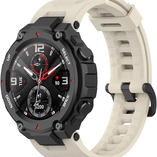 Silicone Strap, beige, on a watch, 3/4 front view