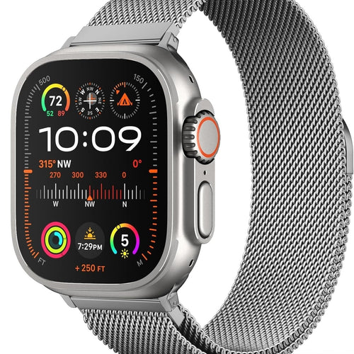 Milanese Strap, titanium, on a watch, 3/4 front view