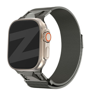 Milanese Strap 'Mecha', titanium grey, on a watch, 3/4 front view