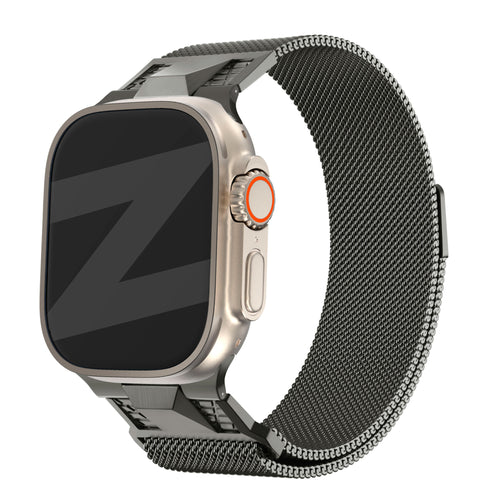 Milanese Strap 'Mecha', titanium grey, on a watch, 3/4 front view
