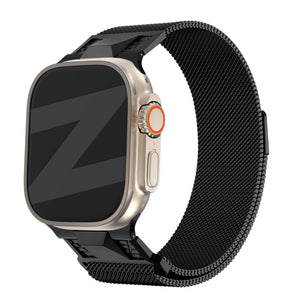 Milanese Strap 'Mecha', black, on a watch, 3/4 front view