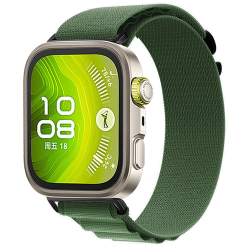 Alpine Nylon Strap, army green, on a watch, 3/4 front view