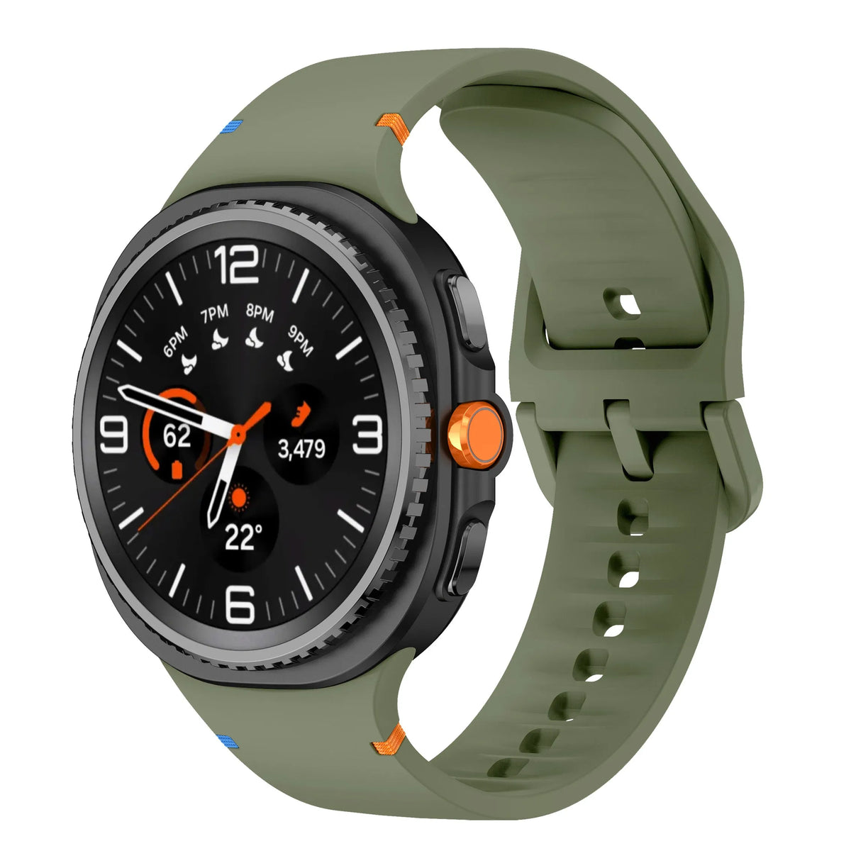 Silicone Strap, army green, on a watch, 3/4 front view