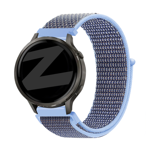 Nylon Loop Strap, azure blue, on a watch, 3/4 front view