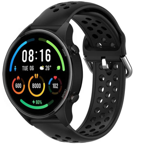 Breathable Silicone Strap, black, on a watch, 3/4 front view