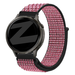 Nylon Loop Strap, berry, on a watch, 3/4 front view