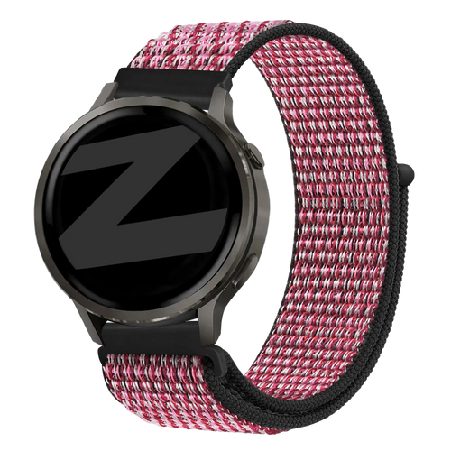 Nylon Loop Strap, berry, on a watch, 3/4 front view