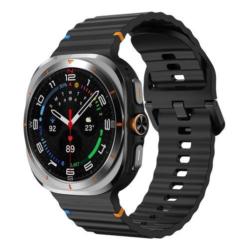 Wave Silicone Strap, black, on a watch, 3/4 front view