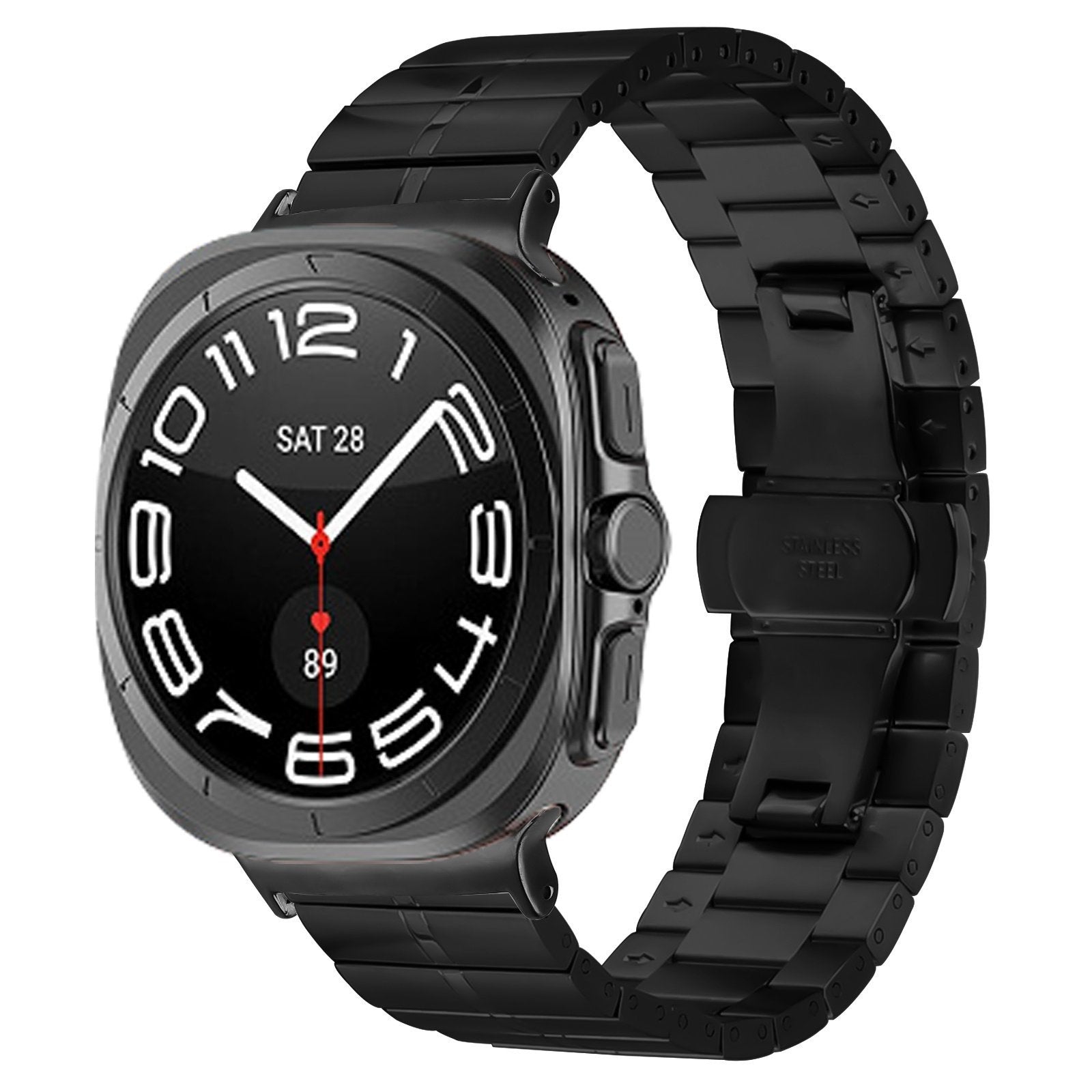 Premium Metal Strap, black, on a watch, 3/4 front view