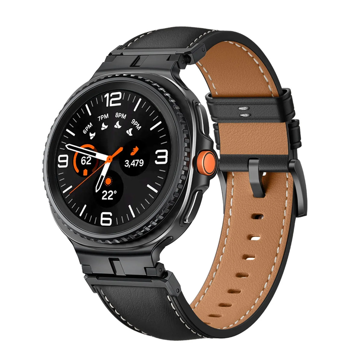 Premium Leather Strap, black, on a watch, 3/4 front view
