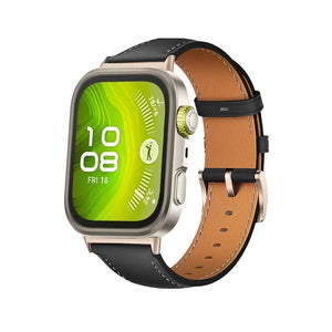Leather Strap, black, on a watch, 3/4 front view