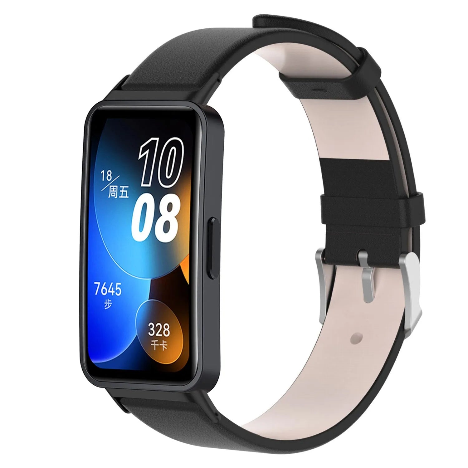 Leather Strap, black, on a watch, 3/4 front view