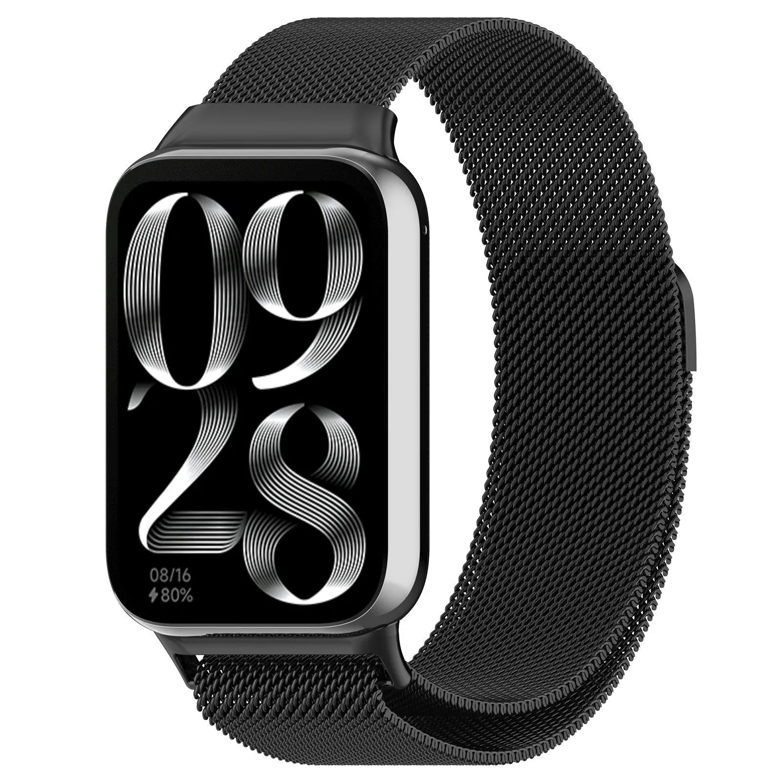 Milanese Strap, black, on a watch, 3/4 front view