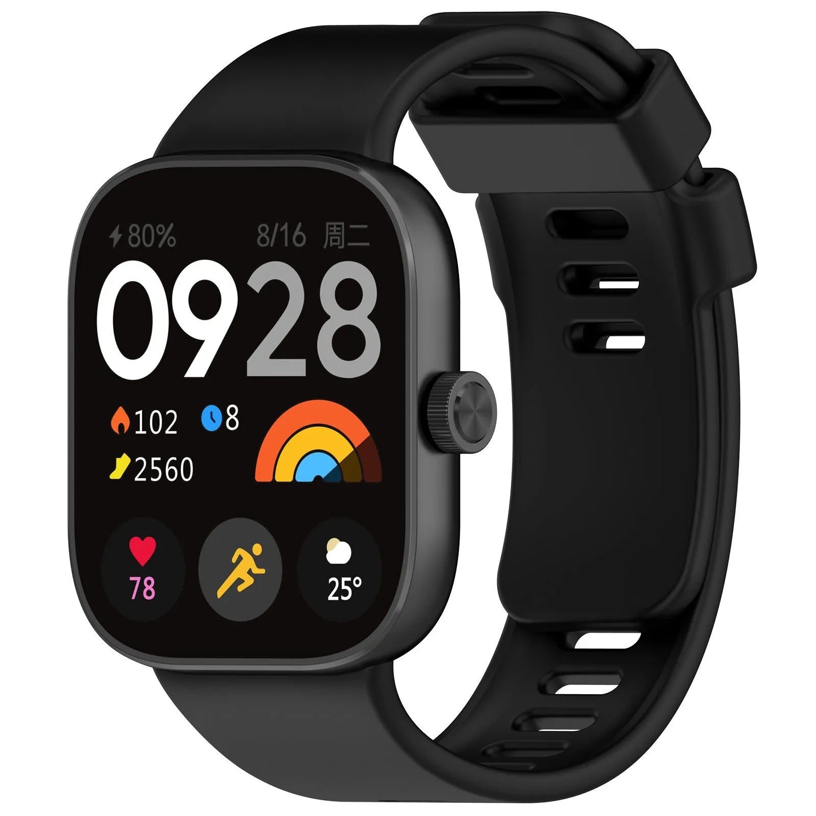 Silicone Strap, black, on a watch, 3/4 front view