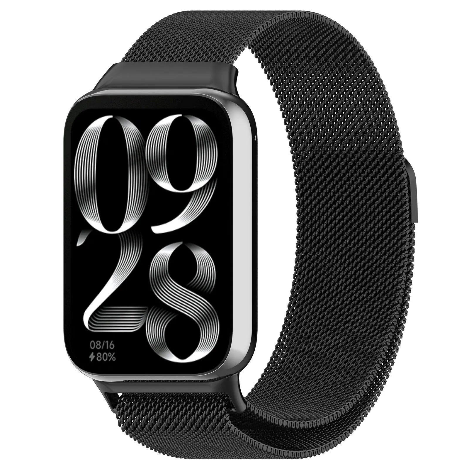 Milanese Strap, black, on a watch, 3/4 front view