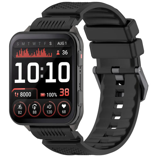 Silicone Strap, black, on a watch, 3/4 front view