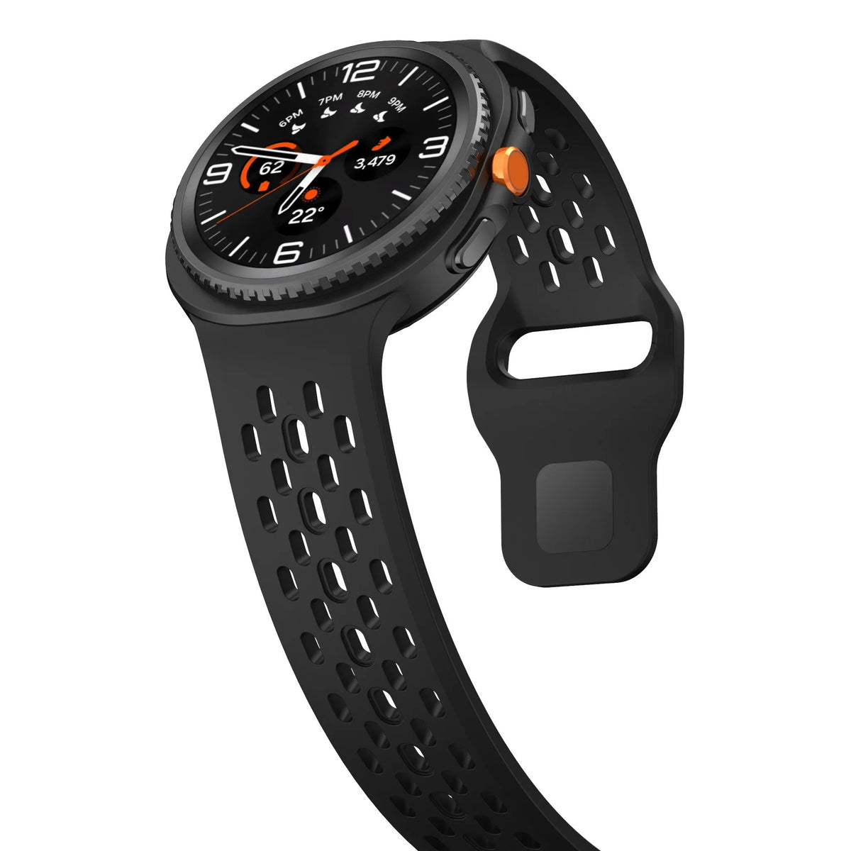 Silicone Air Strap, black, on a watch, 3/4 front view