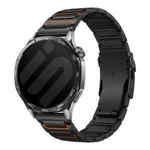 Turtle Titanium Strap, black/orange, on a watch, 3/4 front view