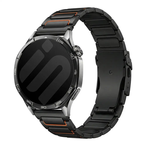 Turtle Titanium Strap, black/orange, on a watch, 3/4 front view