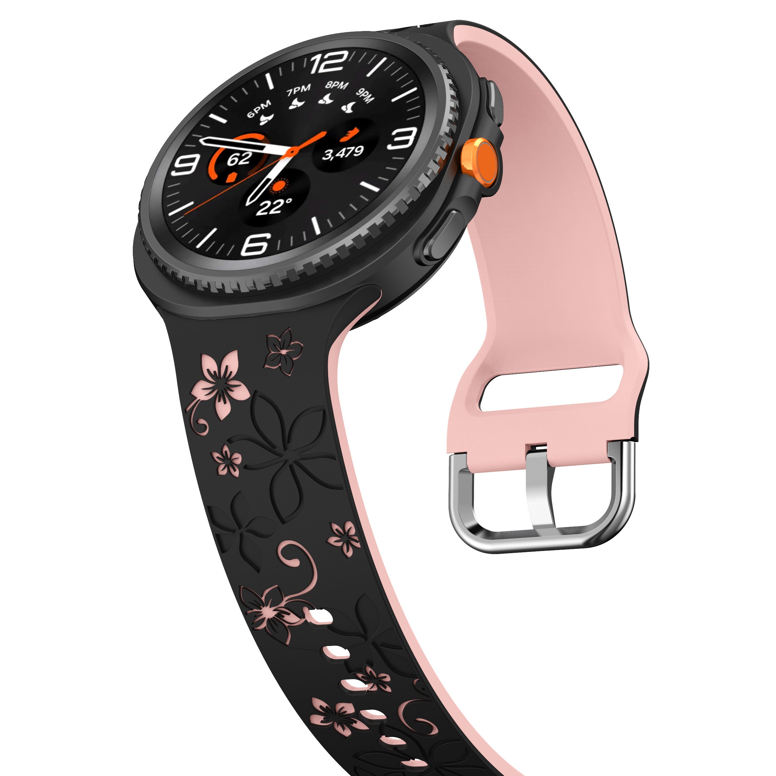 Samsung Galaxy Watch 9 - 44mm Flower Silicone Strap (Black/Pink)
