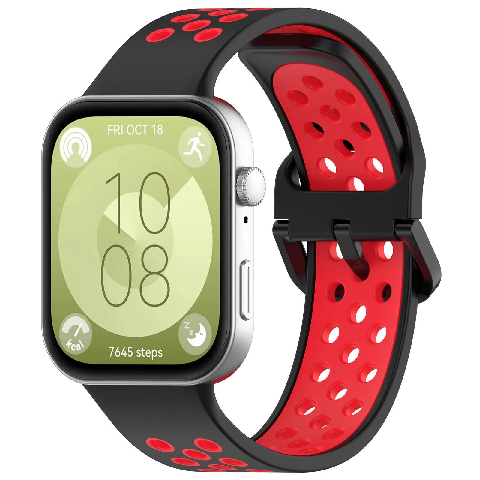 Silicone Sport Strap, black/red, on a watch, 3/4 front view