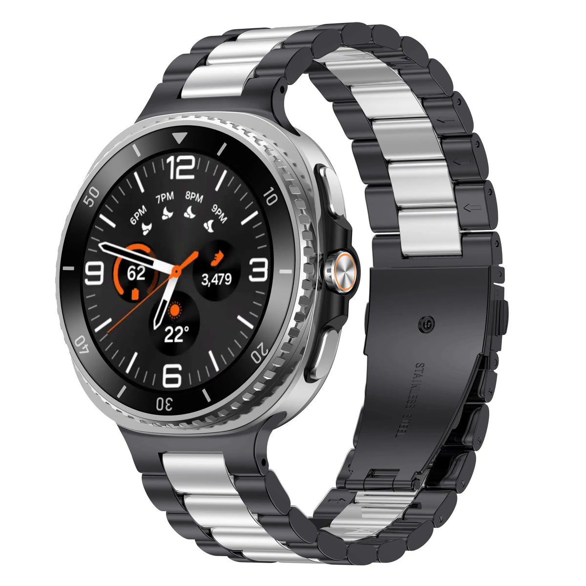 Steel Strap, black/silver, on a watch, 3/4 front view