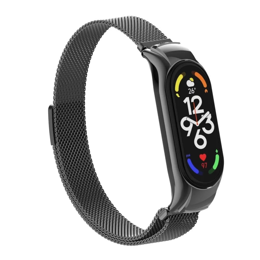 Milanese Strap, black, on a watch, 3/4 front view